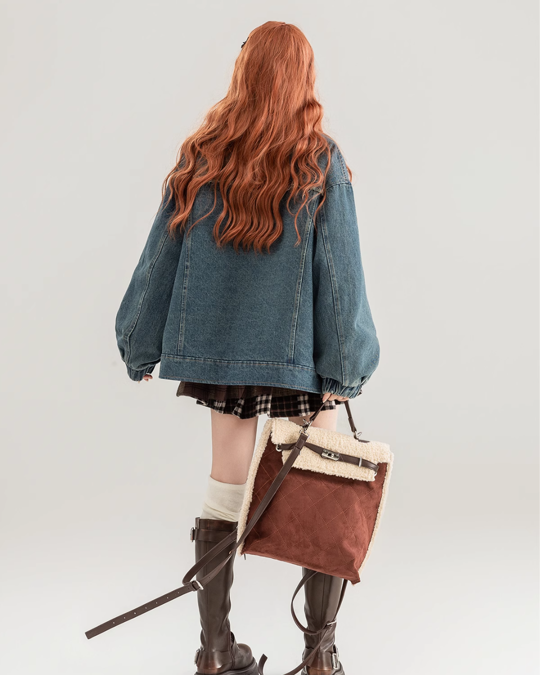 Teddy Bear Patch Denim Jacket / Pleated Plaid Skirt KIK0002
