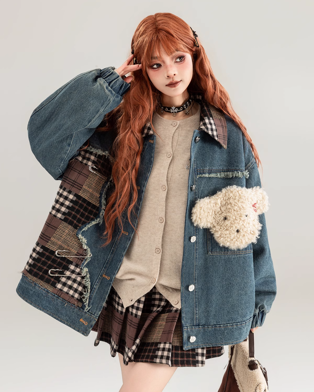 Teddy Bear Patch Denim Jacket / Pleated Plaid Skirt KIK0002