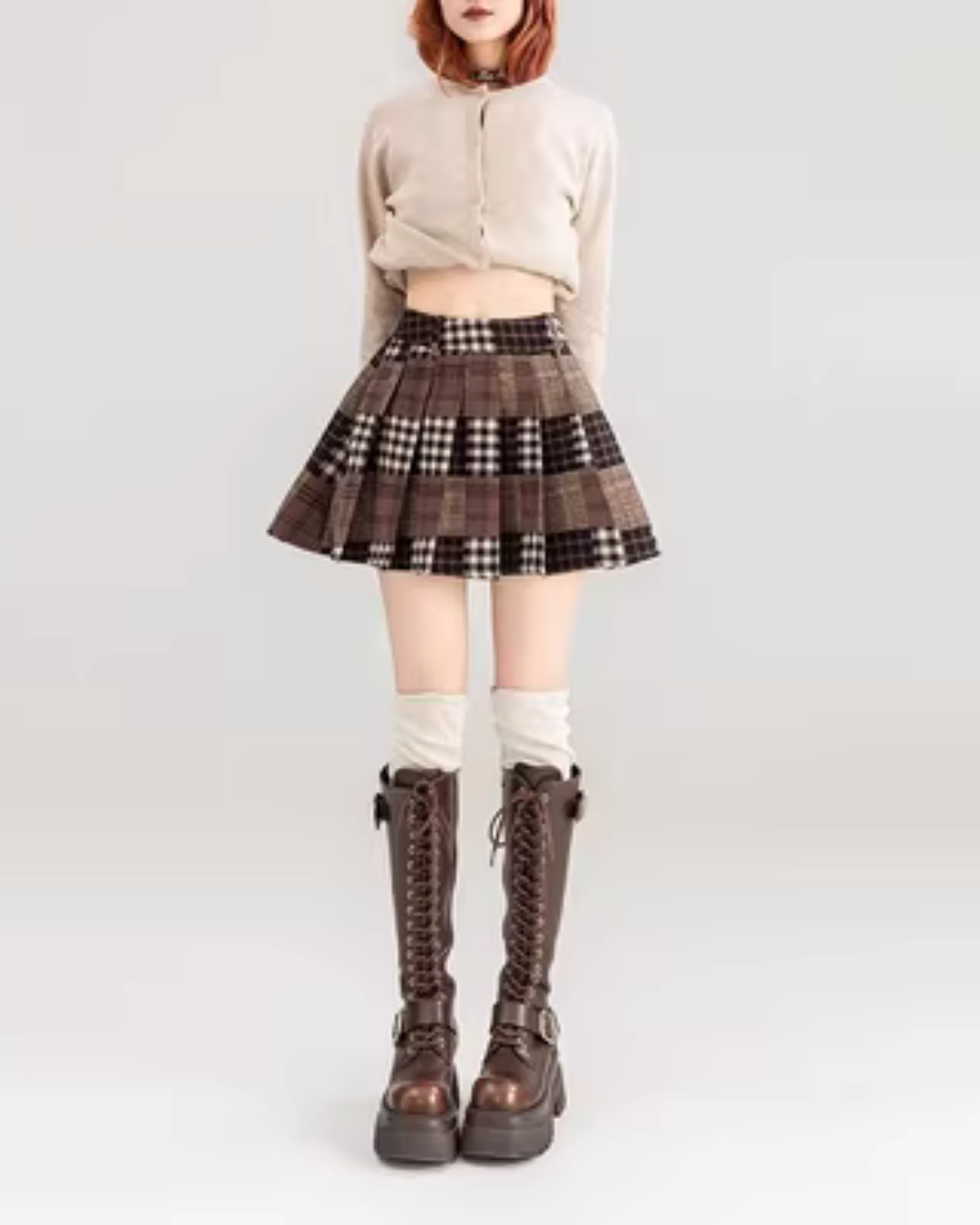 Teddy Bear Patch Denim Jacket / Pleated Plaid Skirt KIK0002