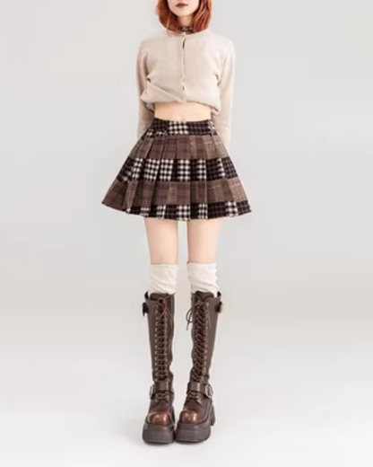 Teddy Bear Patch Denim Jacket / Pleated Plaid Skirt KIK0002
