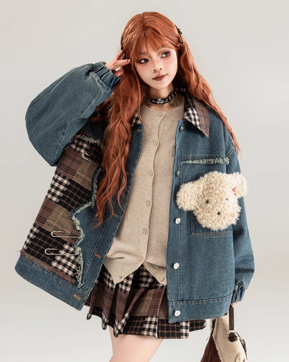 Teddy Bear Patch Denim Jacket / Pleated Plaid Skirt KIK0002