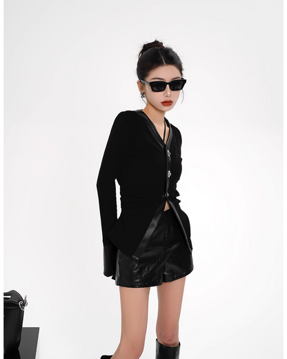 V-Neck Leather Tight Tops SRS0269