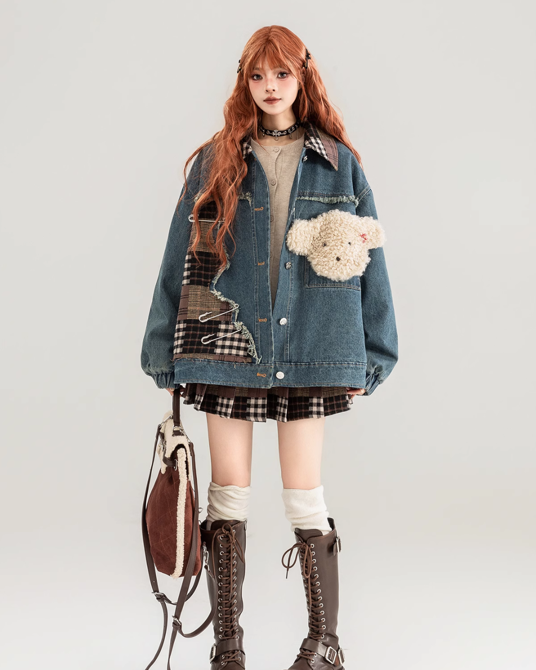 Teddy Bear Patch Denim Jacket / Pleated Plaid Skirt KIK0002