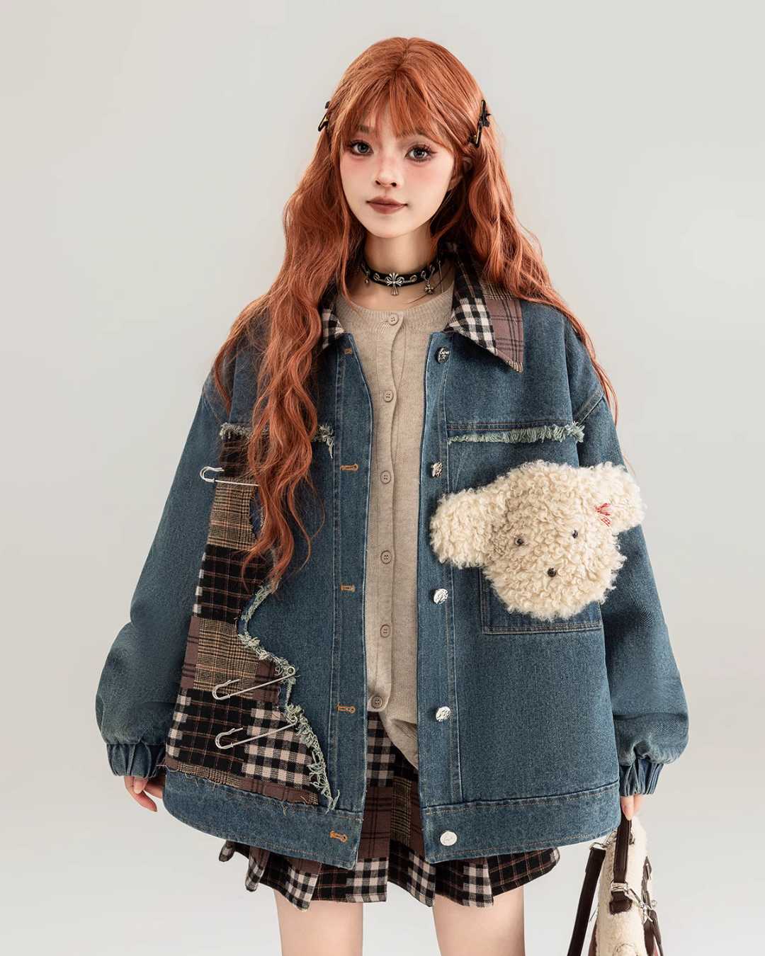 Teddy Bear Patch Denim Jacket / Pleated Plaid Skirt KIK0002