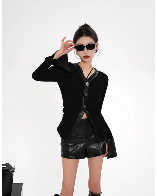 V-Neck Leather Tight Tops SRS0269