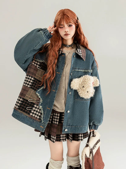Teddy Bear Patch Denim Jacket / Pleated Plaid Skirt KIK0002