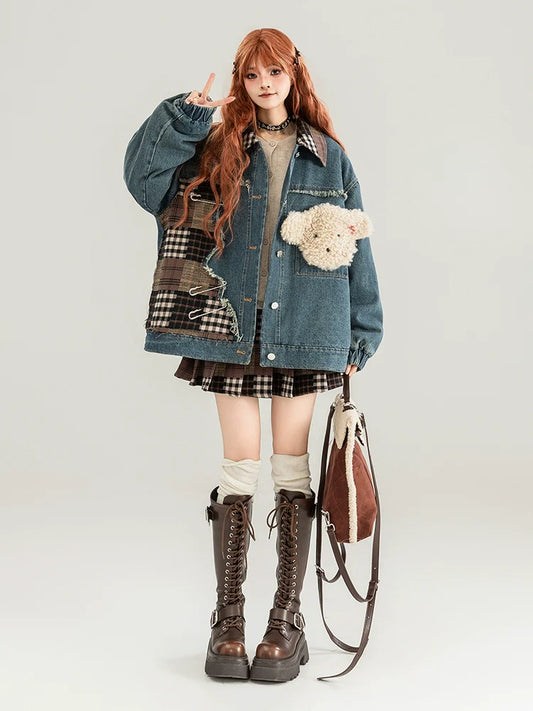 Teddy Bear Patch Denim Jacket / Pleated Plaid Skirt KIK0002