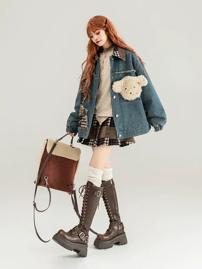 Teddy Bear Patch Denim Jacket / Pleated Plaid Skirt KIK0002