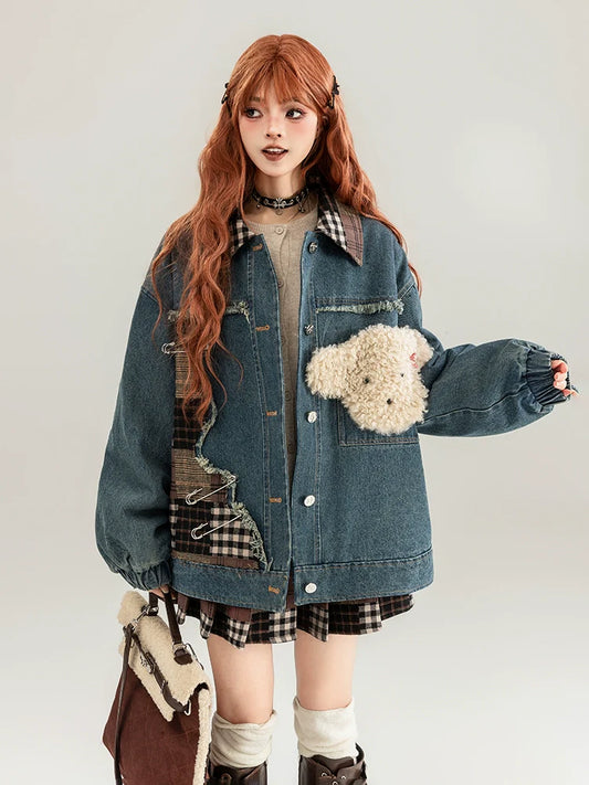 Teddy Bear Patch Denim Jacket / Pleated Plaid Skirt KIK0002
